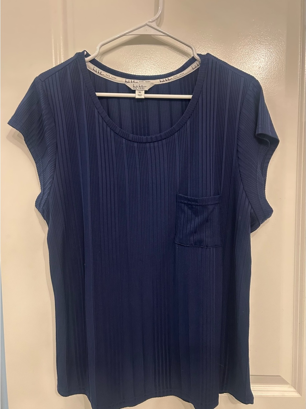 Nicole Miller Navy Ribbed Short Sleeve Pocket Tee